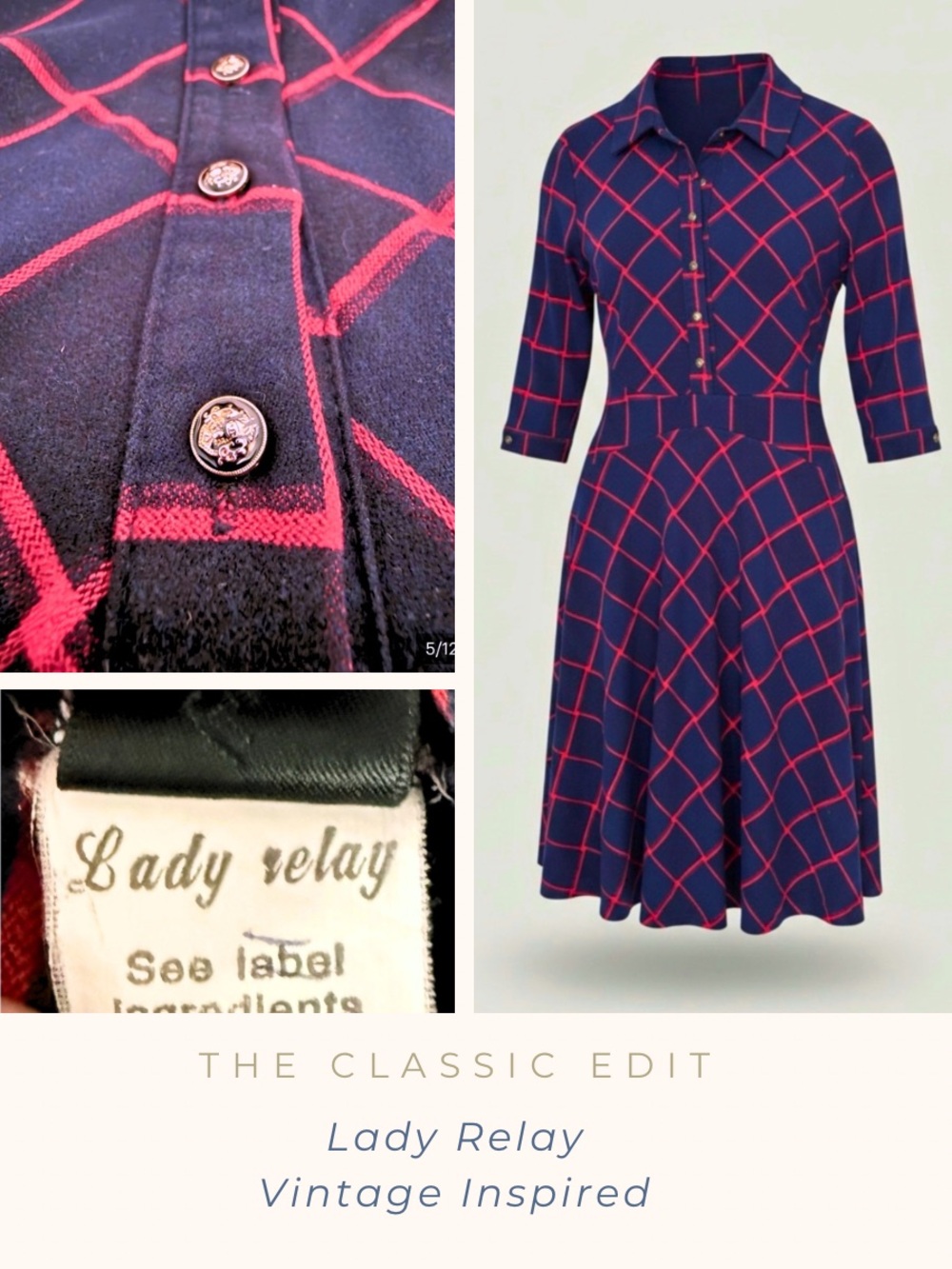 Vintage-Inspired Navy Windowpane Dress | Bodice & Full Skirt | Retro Shirtwaist